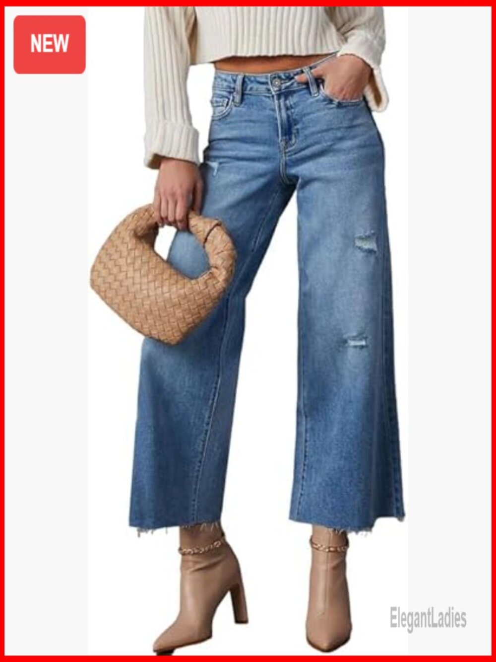 High Waisted Wide Leg Ripped Jeans Stretch Denim Ankle Pants - Picture 1 of 7